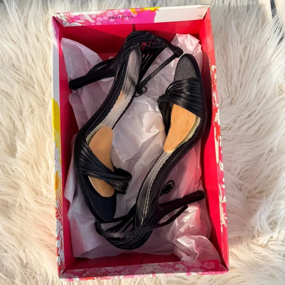 Chinese Laundry Willy Black Satin Strappy Heels Ankle Strap Stiletto Size 6